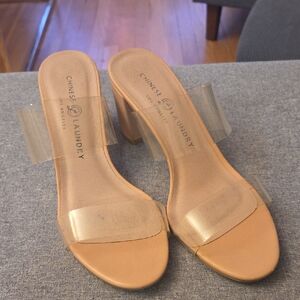 Chinese Laundry Beige Clear-Strap Block Heel Sandals